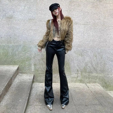 High Waist Woman Trousers Sexy Black PU Leather Flare Pants For Women Vintage Harajuku Elastic One Size Clothing Elegant Sale G