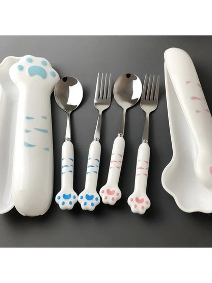 Conjunto de Talheres de Pata de Gato Fofa Garfo e Colher de Aço Inoxidável com Caixa de Armazenamento Louça Talheres Prata Acessórios para Almoço Bento