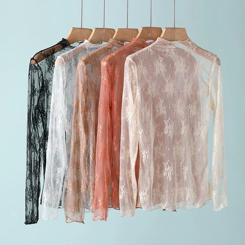 New Women Floral Lace Shirt Spring Autumn Long Sleeve Sexy Mesh Bottoming Shirts Mock Neck Blouse T-Shirt Pullover Top