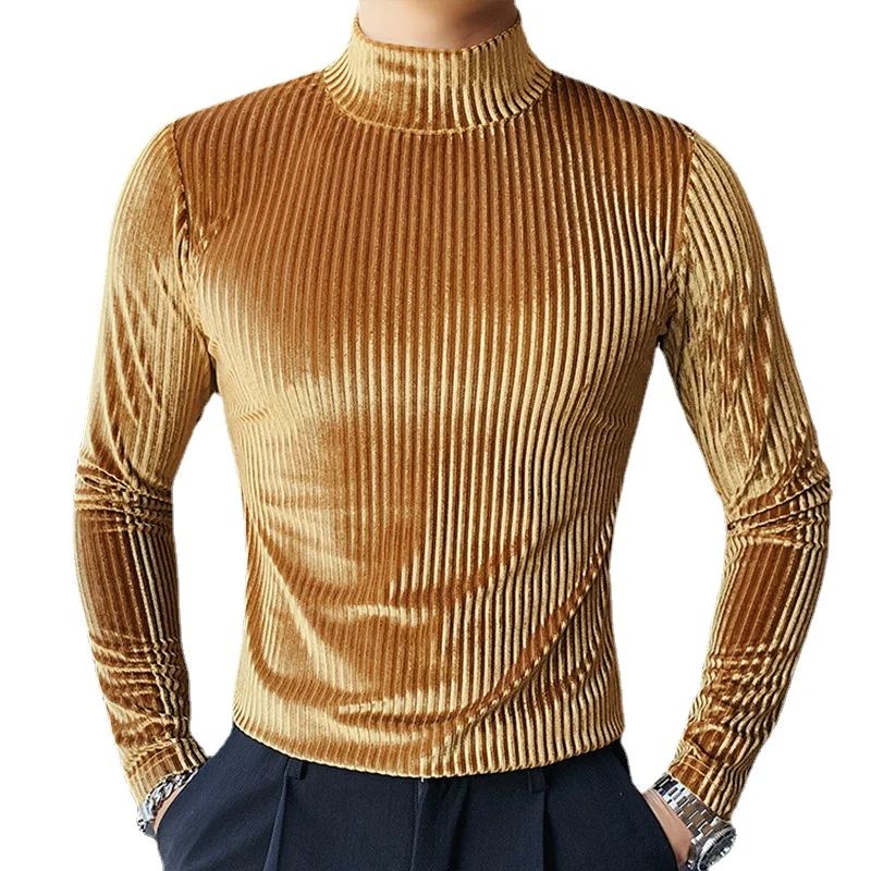 New Gold Velvet T Shirt Men Clothing Fashion Trend Male Luxury Prom Party Long-sleeved Striped Pullover Tops Homme