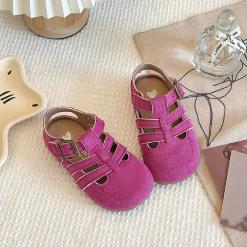 1-12Y Children's Sandals Toe Protect Boys Girls Summer New Candy Color Soft Sole Shoes Kids Casual Retro Flat Leather Sandals