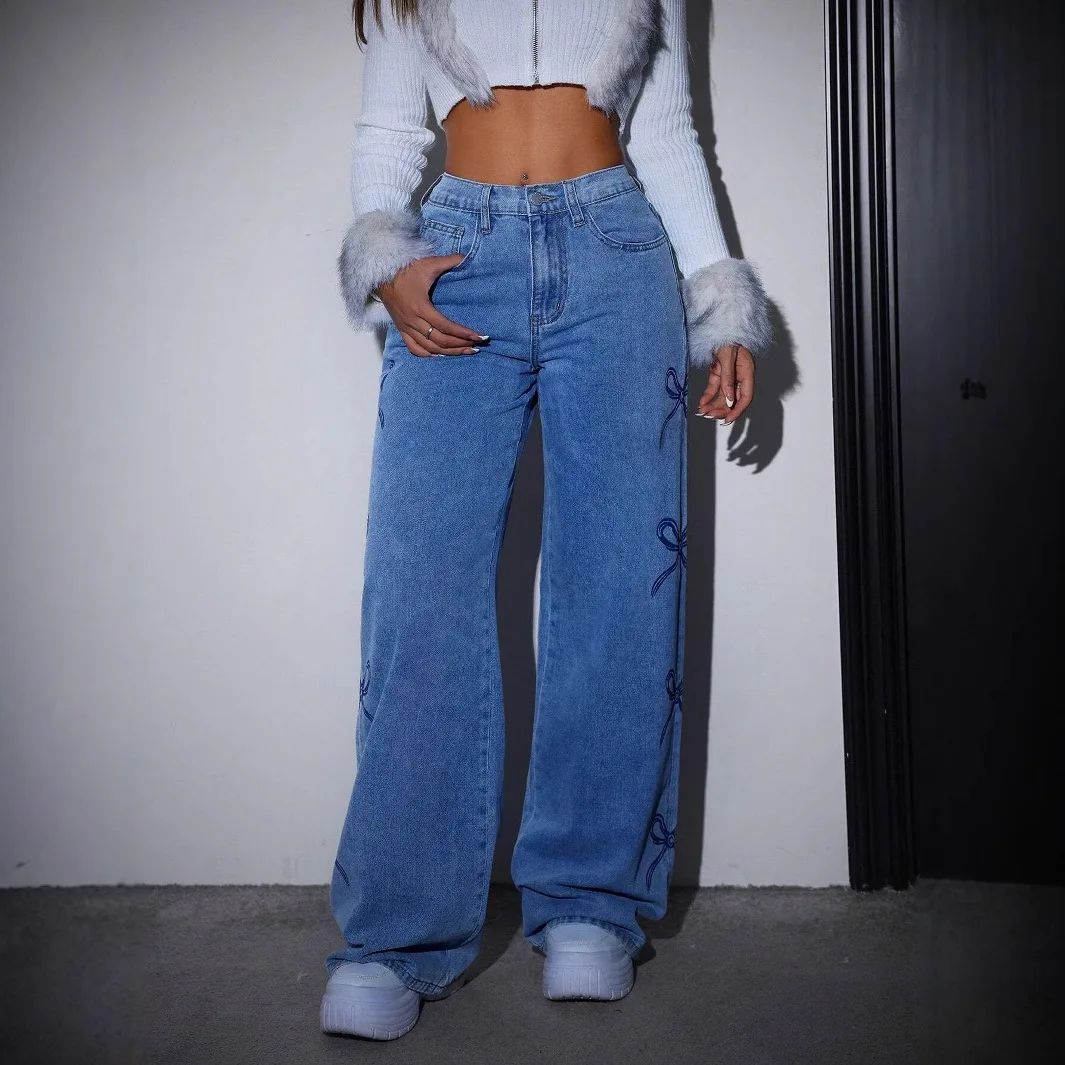 Denim Pants Women Bow Print Jeans High Waist Washed Distressed Straight Trousers Vintage Floor Length Streetwear Wide Leg Pants