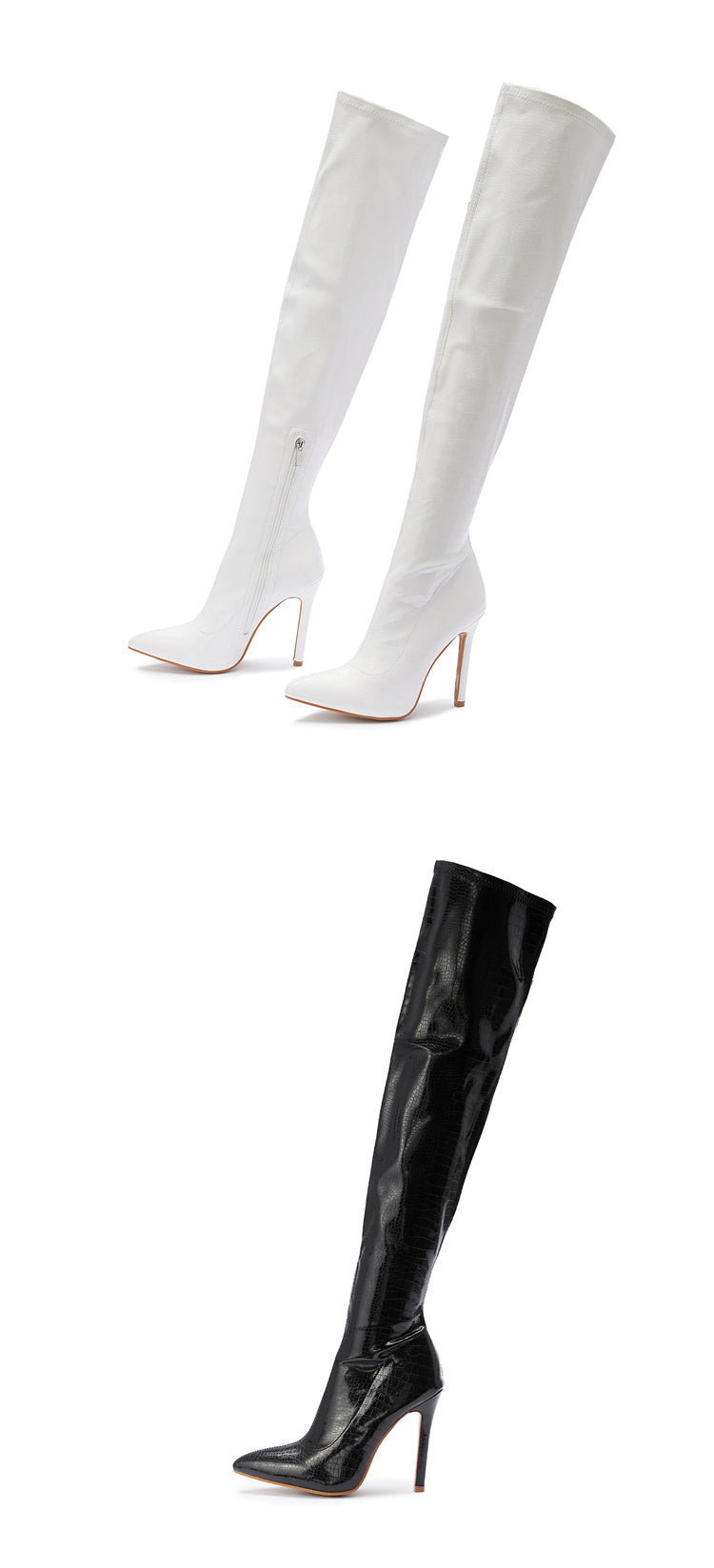 Aneikeh White Sexy Over-the-Knee Side Zipper Slip-On Pointed Toe Shoes NEW Fashion Striped Thin Heels Ladies Boots 2025 Spring