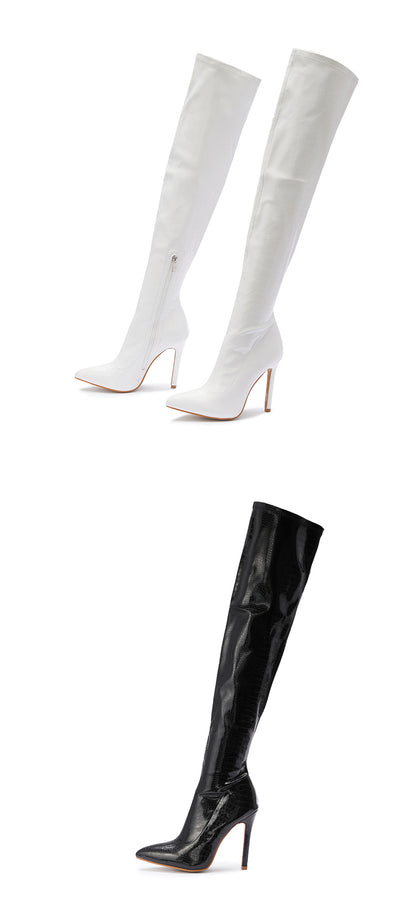 Aneikeh White Sexy Over-the-Knee Side Zipper Slip-On Pointed Toe Shoes NEW Fashion Striped Thin Heels Ladies Boots 2025 Spring