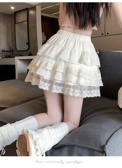 JOEVILU White Tutu Skirt A-line Elastic High Waist Mini Skirts Short Lace Cake Skirt Thin Summer Korean Fashion Goth Y2k Clothes