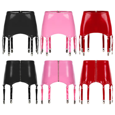 Womens Garters Latex Skirts Ladies Suspender Belt Wet Look Patent Leather Mini Skirts Garters with Metal Clips Clubwear Costume
