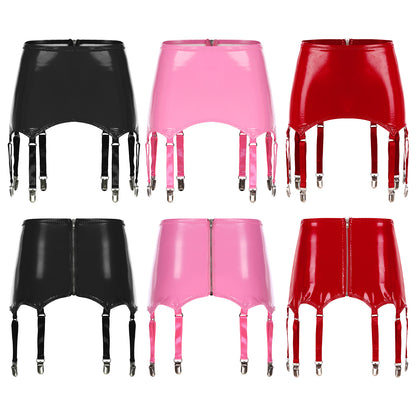 Womens Garters Latex Skirts Ladies Suspender Belt Wet Look Patent Leather Mini Skirts Garters with Metal Clips Clubwear Costume