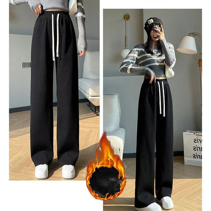 Winter Lady Korean Fashion High Waist Fleece Pants Women Slim Fit Straight Leg Plush Trousers Girls Snow Warm Casual Pants