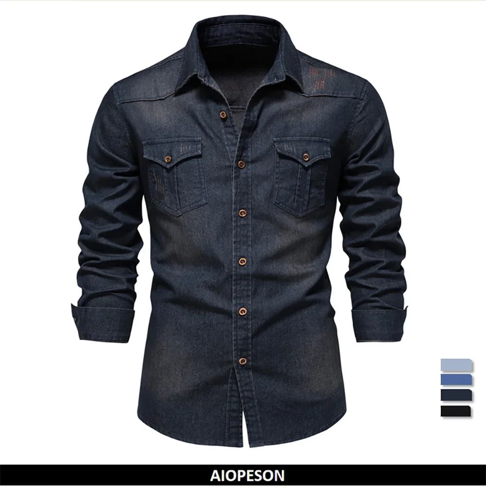 2025 Brand Elastic Cotton Denim Shirt Men Long Sleeve Quality Cowboy Shirts for Men Casual Slim Fit Mens Designer Clothing