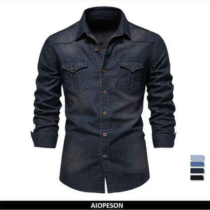 2025 Brand Elastic Cotton Denim Shirt Men Long Sleeve Quality Cowboy Shirts for Men Casual Slim Fit Mens Designer Clothing