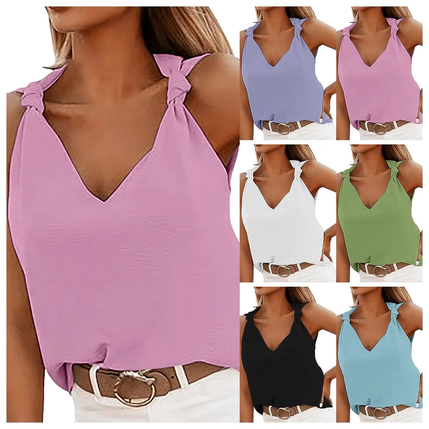 Active Tops for Women Women's Casual Fashion V Neck Knotted Tie Sleeveless Blouses Fashion Temperament Shirts Cute Sweet Top