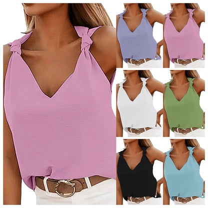 Active Tops for Women Women's Casual Fashion V Neck Knotted Tie Sleeveless Blouses Fashion Temperament Shirts Cute Sweet Top