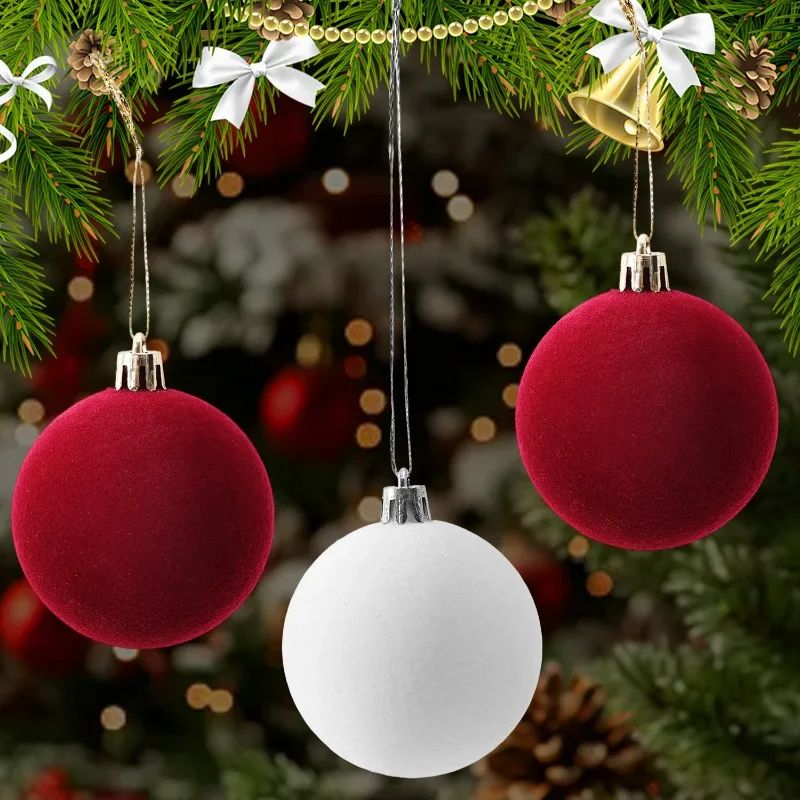 1/30pcs 6cm Wine Red Velvet Christmas Balls for Xmas Tree Flocked Xmas Ball Hanging Pendents Festival Party Home Decor Supplies
