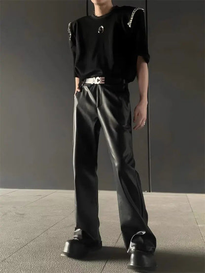 American Retro High-End PU Leather Casual Pants Men's Niche Design Loose Wide Leg Versatile Long Trousers