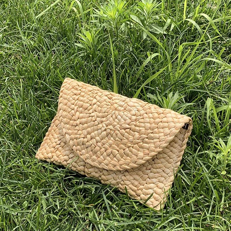 Fashionable Corn Husk Straw Bags Hand-woven Women Clutch Envelope Handbag Long Purse for Female Summer Beach Bag Bolsa 2024