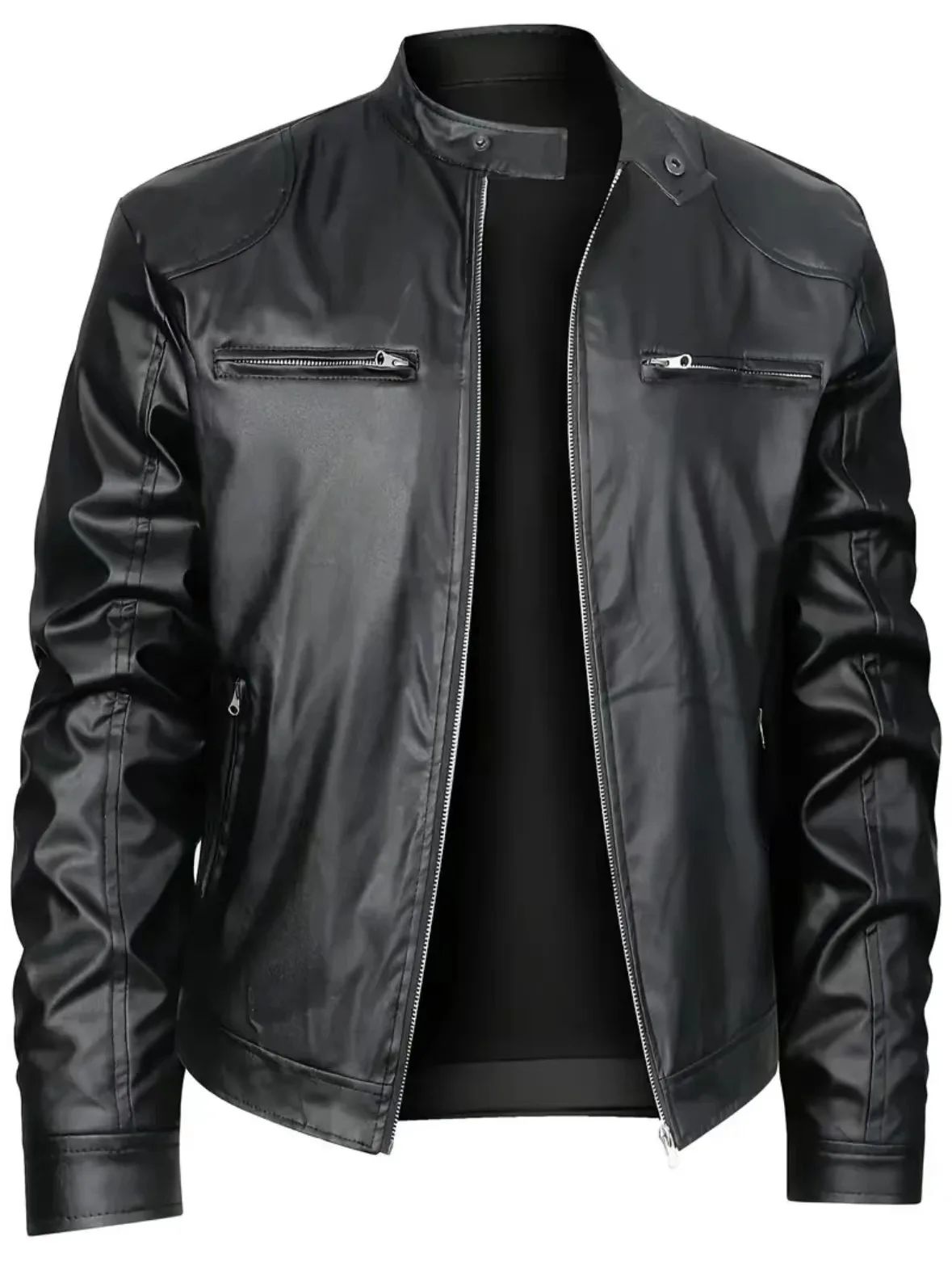 Casual Men's Biker Jacket Stand Collar Slim Fit Zipper Pocket Leather Coat Motorcycle Clothing Outerwear Fashionable Men's Wear