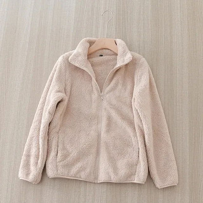 Women's Solid Color Fleece Coat Autumn Winter Warm Zipper Hoodie Loose Stand Collar Jacket Fashion Casual Elegant Ladies Clothes