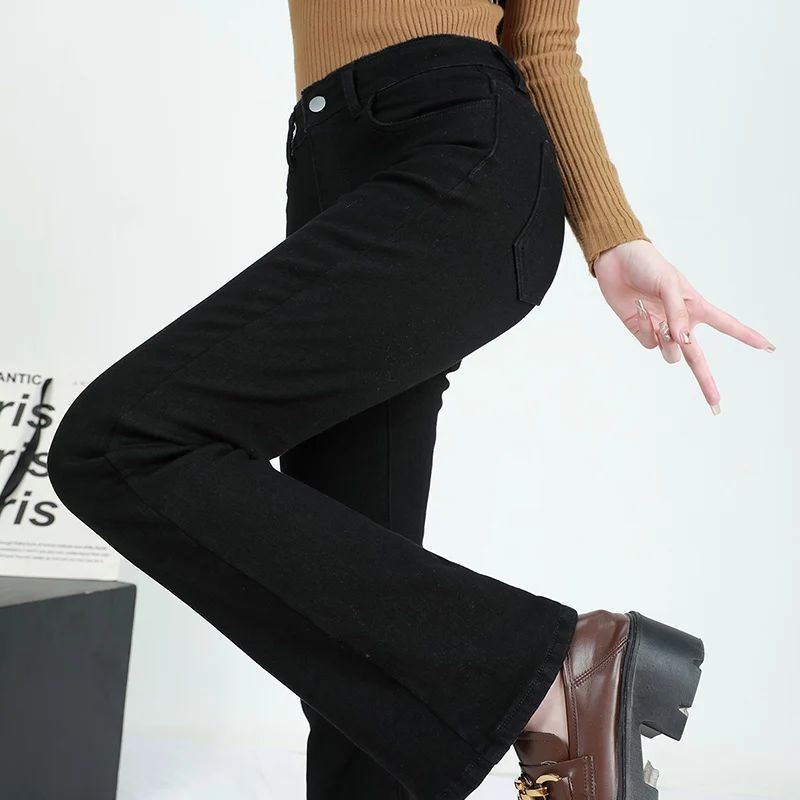 Winter Female Thin Snow Warm Plush Jeans Lady Chic Fleece Flared Pants Girls Korean High Waist Straight Leg Denim Trousers