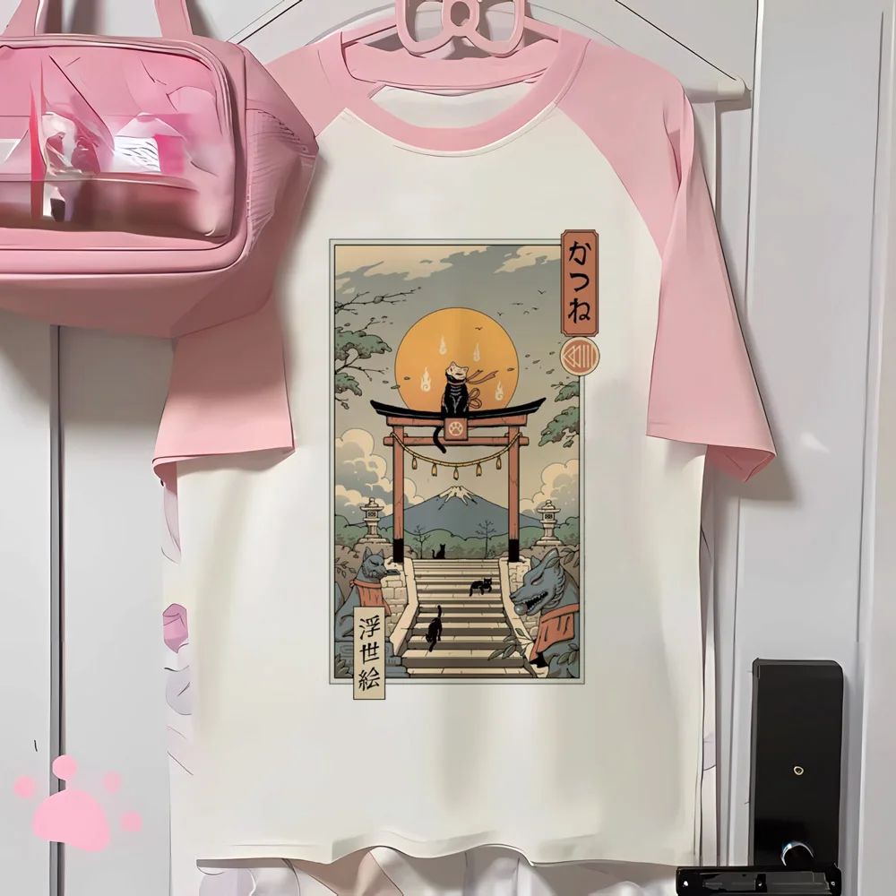 Aesthetics Japanese Grunge T-shirt Y2k Harajuku Anime Cartoon Cat Tops Tees Short Sleeve Women Kawaii Clothing Streetwear