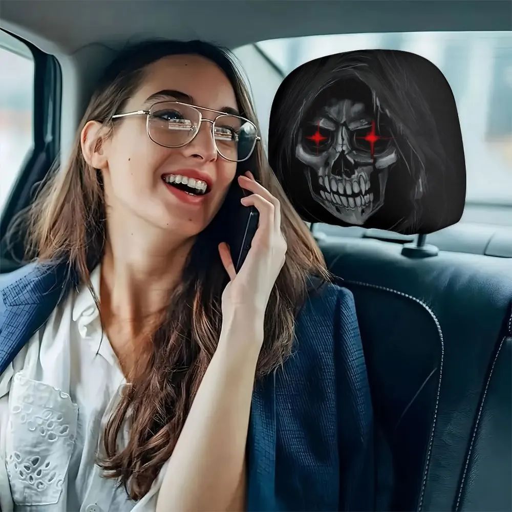 2Pcs Death Skull Flame Red Eye Print Car Headrest Cover Elastic Neck Support Auto Headrest Protector Easy Install Universal Car