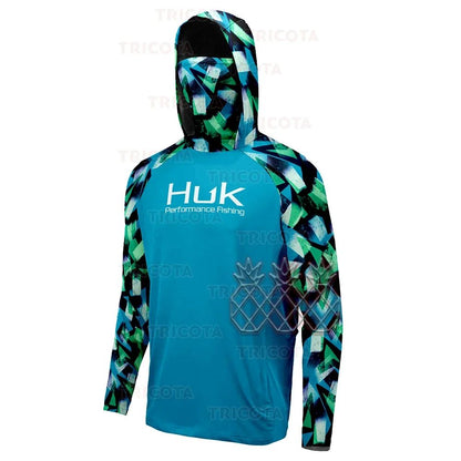 Camisas HUK Fishing Hoodies com Capuz Máscara Protetora para Pesca Roupas de Pesca Masculinas Manga Longa Respirável Proteção UV UPF50+ Camisetas de Pesca