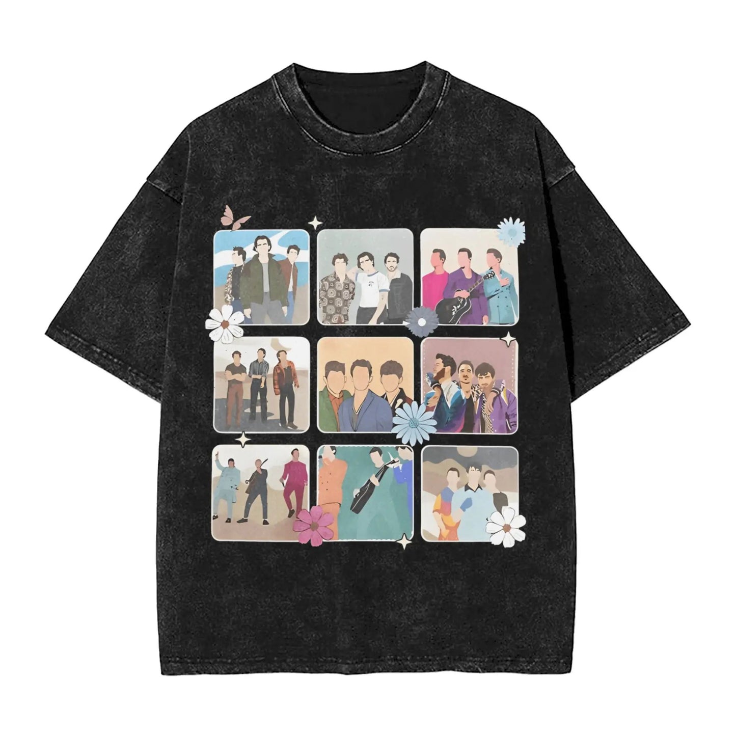 Summer Men's Retro Women's Casual Crew Neck Fashion Loose Clothing Jonas Brothers Washed Short Sleeve 100% Cotton T-Shirt