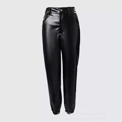 Mid Waist Pencil Leather Trousers Streetwear Black Ankle-Tied Pu Pants Women Summer Black Casual Pockets PU Pants