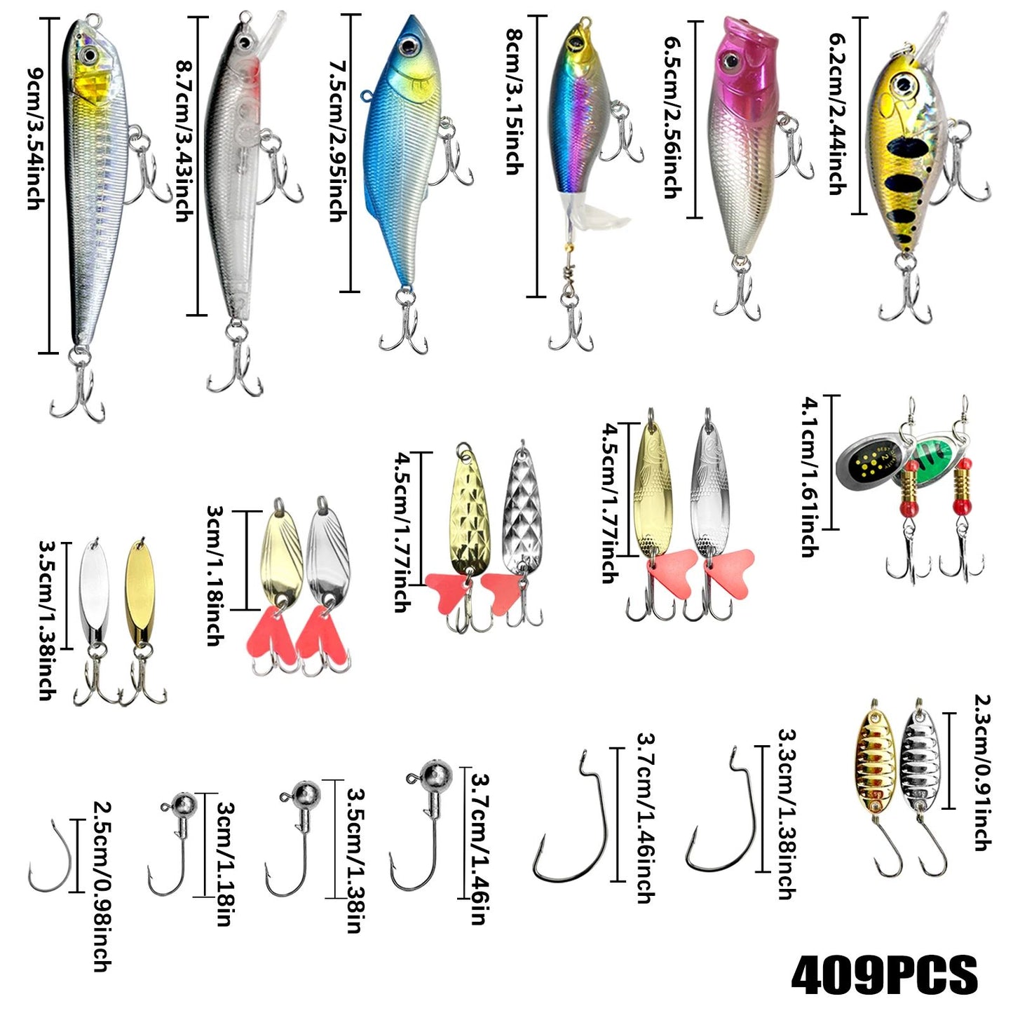 Kit de Iscas de Pesca 83/133/193/239/409 peças para Truta/Lúcio/Baixo, Conjunto de Iscas Múltiplas, Caixa de Pesca Profissional em Camadas