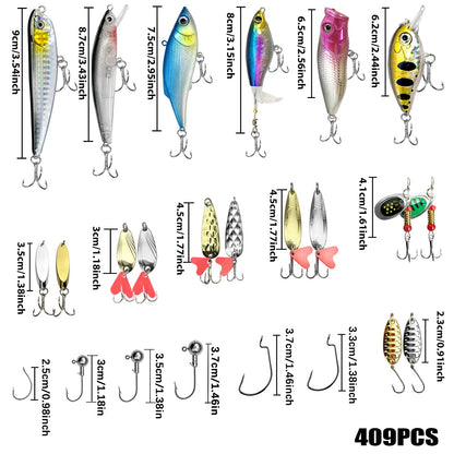 Kit de Iscas de Pesca 83/133/193/239/409 peças para Truta/Lúcio/Baixo, Conjunto de Iscas Múltiplas, Caixa de Pesca Profissional em Camadas