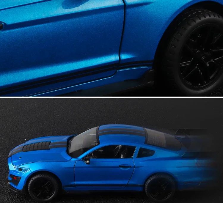 Miniaturas grandes de Ford Mustang GT500 1:18, veículo de liga fundido em metal, modelo colecionável, brinquedos com luz e som, carro de presente para crianças e meninos