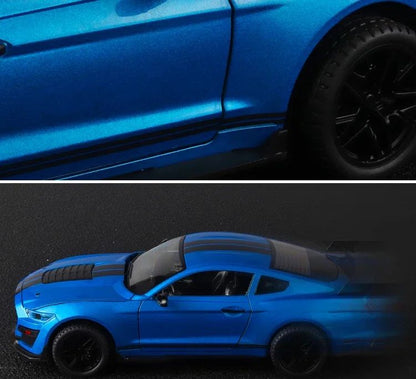 Miniaturas grandes de Ford Mustang GT500 1:18, veículo de liga fundido em metal, modelo colecionável, brinquedos com luz e som, carro de presente para crianças e meninos