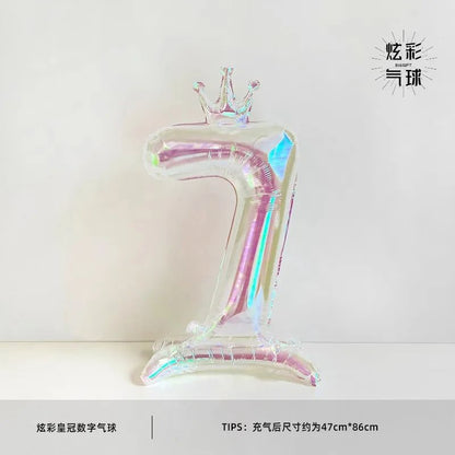 32Inch Transparent Colorful Crown Digital Aluminum Film Balloon with Base Happy Birthday Party Decor Kids Adults Baby Showers
