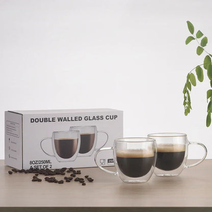 Caneca transparente de parede dupla 2-6 peças Copo de café e leite de vidro borossilicato alto resistente ao calor para casa e escritório