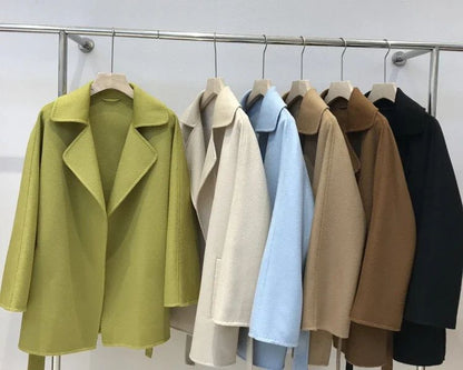 Autumn New Short Double-sided Cashmere Water Ripple Coat Women Turn-down Collar Loose Tempeament Warm Casual wool Jacket Female