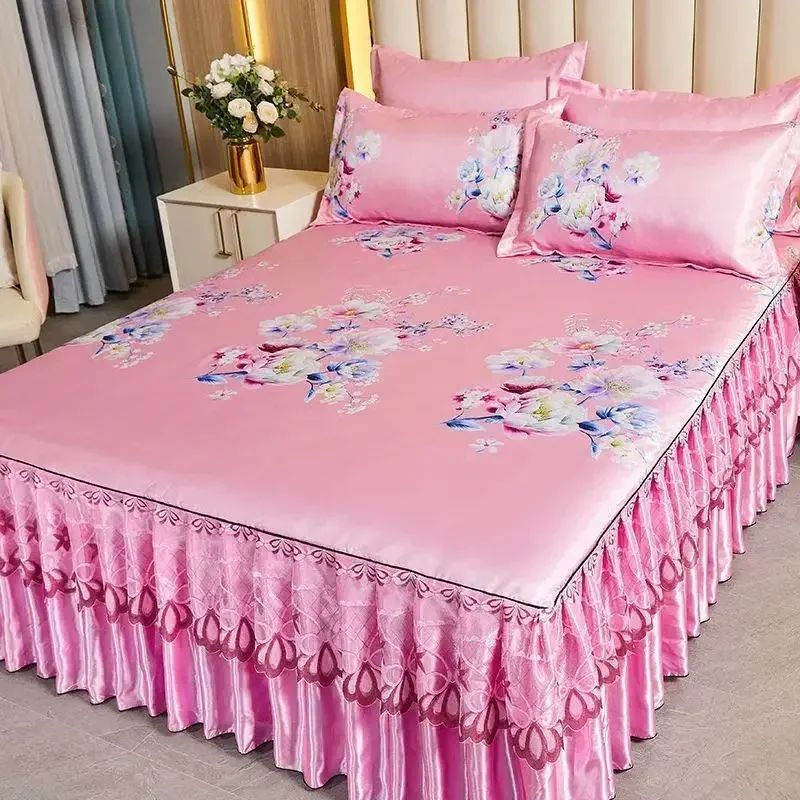 Kit 3 Peças de Lençol de Casal com Renda Clássica Azul Royal, Saia para Cama, Colcha de Casamento Lavável à Máquina, Capa de Colchão
