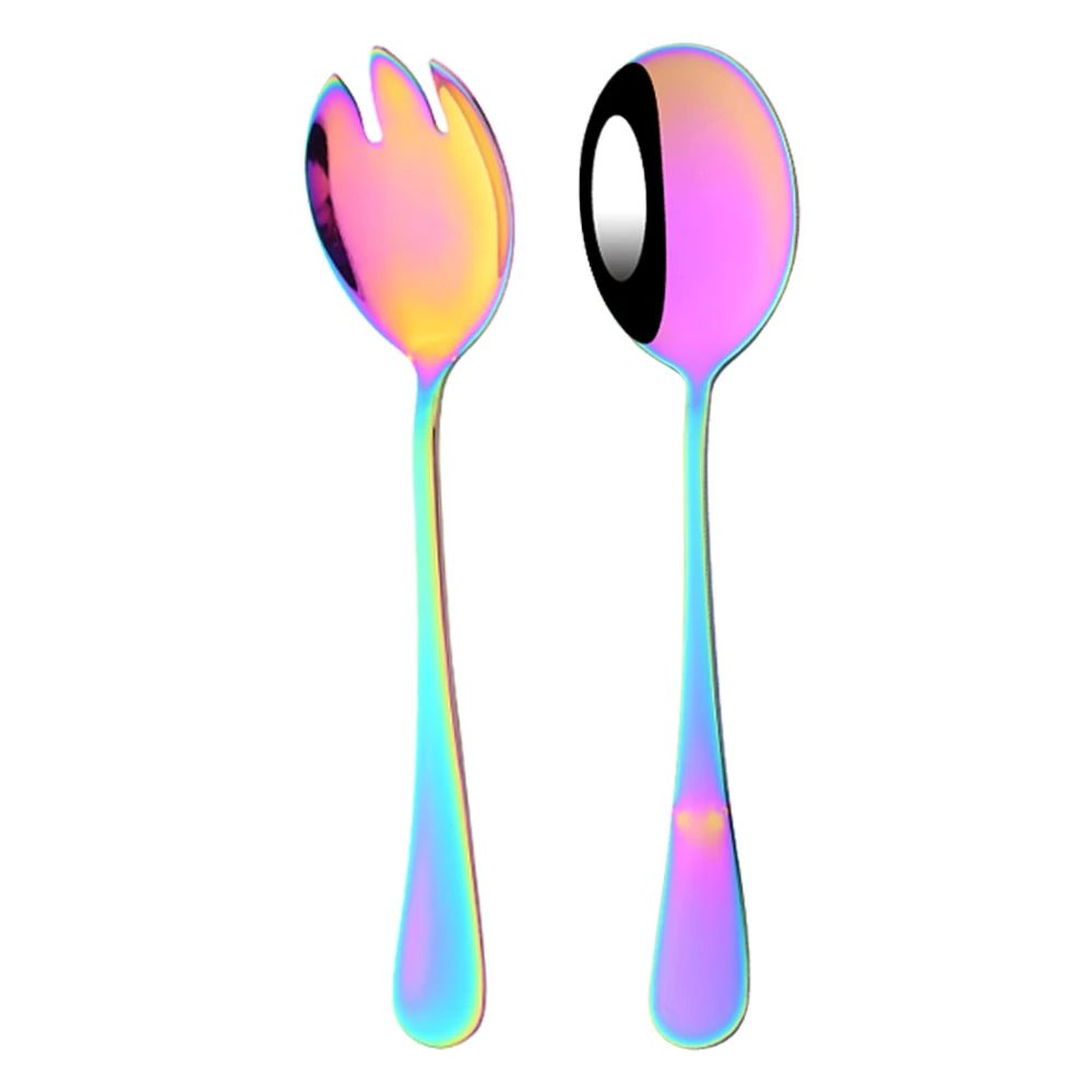 2Pcs Salad Spoon Dinnerware Set Gold Unique Spoon Cutlery Set Salad Fork Stainless Steel Tableware Party Serving Spoon Flatware