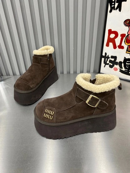 2024 New Fur Platform Women Ankle Boots Flats Suede Warm Shoes Woman Trend Designer Brand Short Plush Cozy Femme Snow Botas