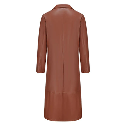 Casual Pure Color Slim Fit PU Leather Long Jacket Men's Coat with Lining Autumn Fashion Quality Outerwear Male Model