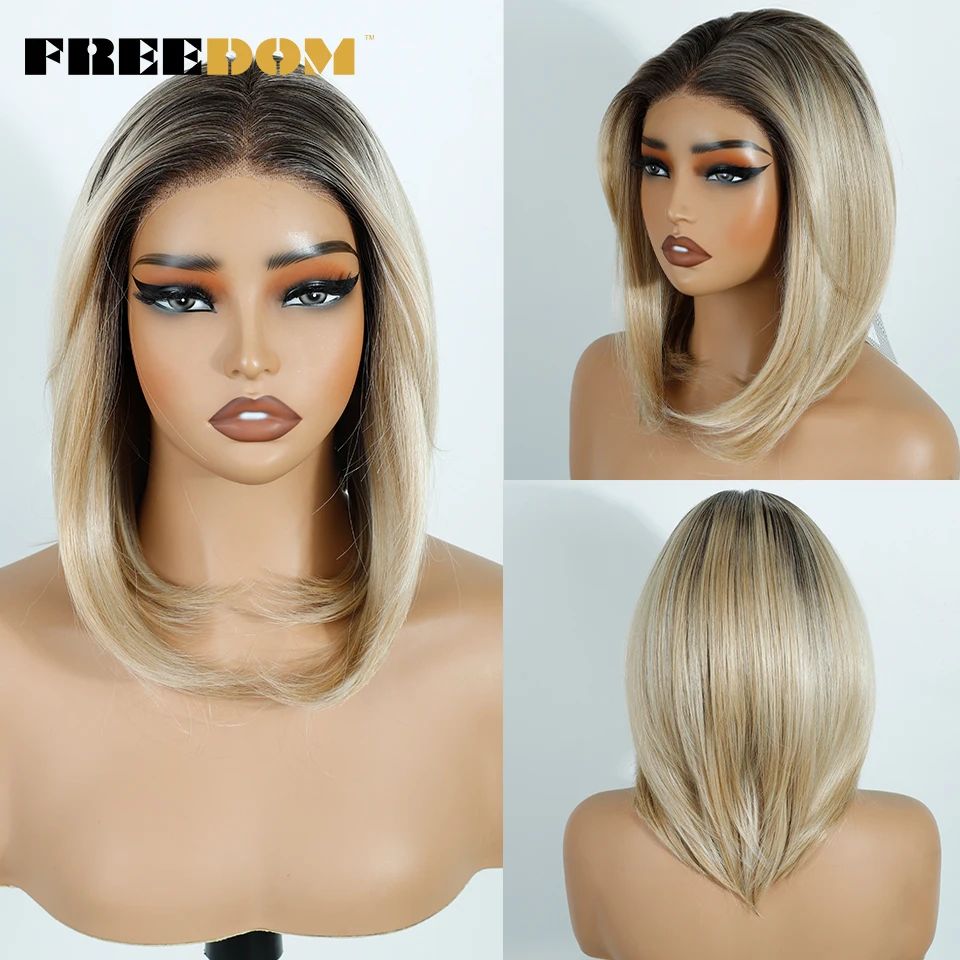 FREEDOM Perucas Sintéticas Front Lace para Mulheres 13x4 Pré-arrancadas Prontas Para Usar Peruca Curta Bob Com Franja Pré-cortada Ombre Blonde Lace Wigs