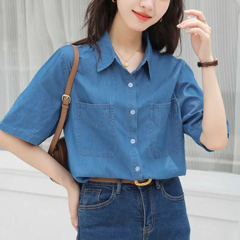 Vintageblueshort Sleeves Thin Denim Shirt 2024 Summer New Casual Loose-Fit Hong Kong Style Petite Top For Women