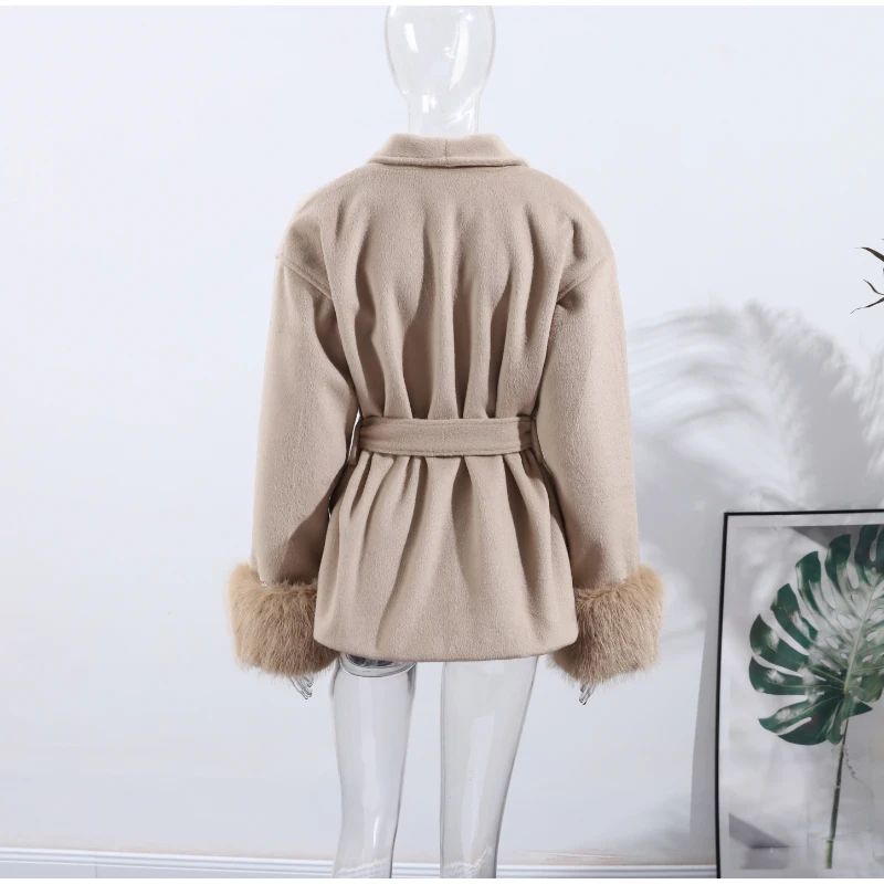 2025 Chic Lapel Plush Coat With Belt Women Vintage Solid Faux Fur Sleeve Tweed Open Coats Female Autumn Casual Street Outwear