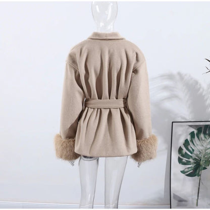 2025 Chic Lapel Plush Coat With Belt Women Vintage Solid Faux Fur Sleeve Tweed Open Coats Female Autumn Casual Street Outwear