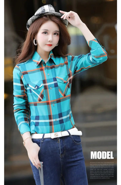 Thickened Fleece Women's Casual Shirt Korean Style All-Match Slim Fit Warm Plaid Elastic Large Size Button down Coat