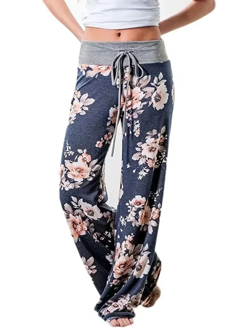 Plus Size L-8XL Fashion Women Casual Loose Stretch Printing Long Wide Leg Yoga Pants Drawstring  Lounge Pants Pajama Pants