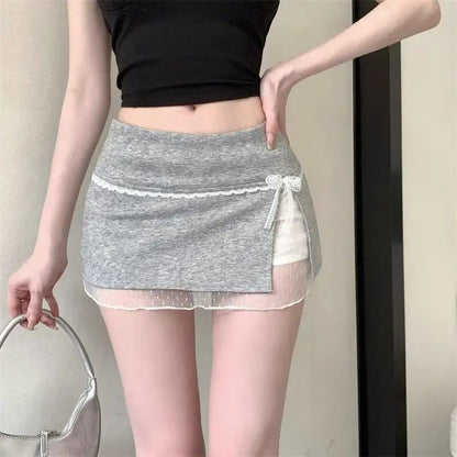 Mini Skirts Women Patchwork Lace Bow Hotsweet Summer A-Line Skirt with Safety Pants Fashion Side Slit Bodycon 2025 Lady Skirts