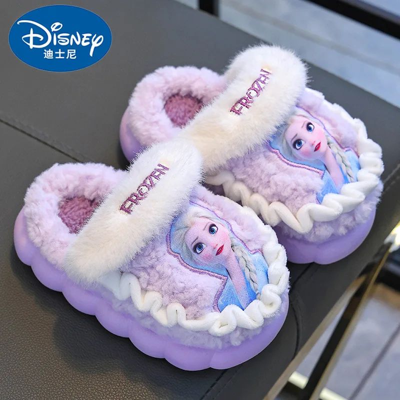 Chinelo de Algodão Infantil Inverno Princesa Disney Elsa Frozen Menina Antiderrapante Quente Para Bebê Rosa Azul Tamanho 26-35