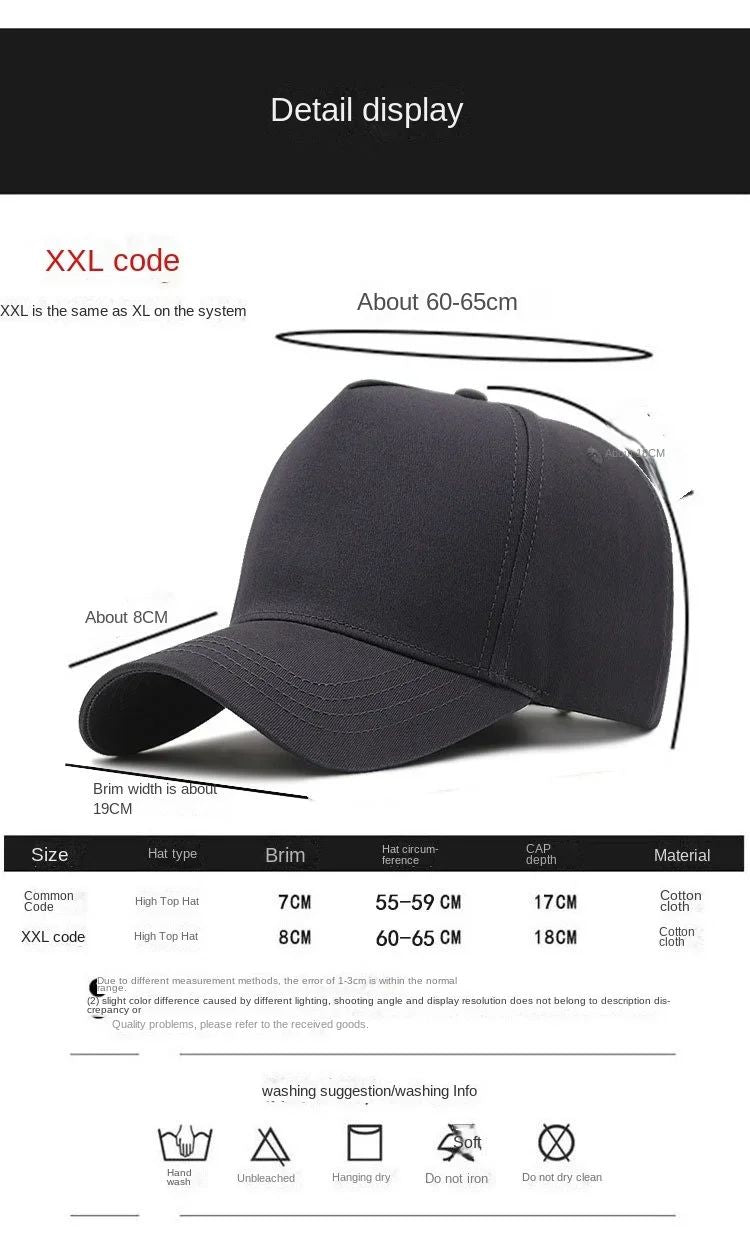 Boné de Beisebol Grande Plus Size XXL Masculino Feminino Oversize Coroa Alta Ajustável da Moda Trucker Chapéus 56-60cm 61-65cm