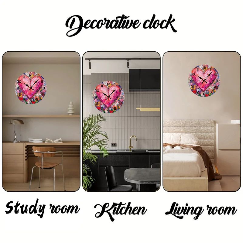 Heart Art Floral Wooden Round Silent Hanging Wall Clock, Suitable For Living Room, Office, Study Room, Bedroom, Home Decoration