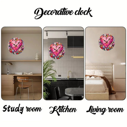Heart Art Floral Wooden Round Silent Hanging Wall Clock, Suitable For Living Room, Office, Study Room, Bedroom, Home Decoration