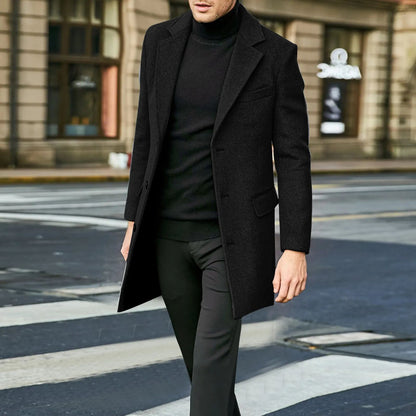 Men's British-style Woolen Overcoat in Korean Version, Fashionable Single-breasted, Mid-to-long Style Coat for Autumn and Winter